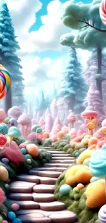 Whimsical landscape with candy trees and a winding path under a pastel sky.