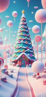 Whimsical candyland with Christmas tree and colorful sweets.