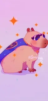 Cute capybara in sunglasses and cape on a pastel lavender background.