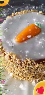 A whimsical carrot cake with colorful emojis and sparkles on a glass plate.