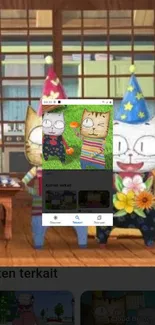 Charming cartoon cats in a cozy, vibrant setting wallpaper.