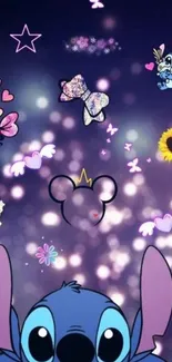 Whimsical cartoon character wallpaper with vibrant stars and hearts on a purple background.