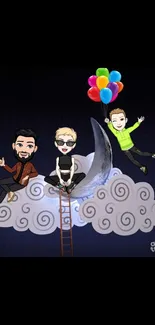 Cartoon avatars on cloud with balloons and crescent moon.