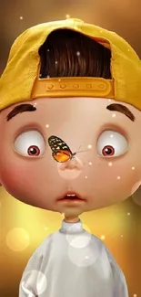 Cartoon child in yellow cap with butterfly on nose, whimsical background.