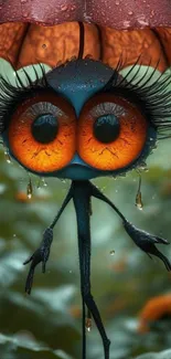 Whimsical cartoon creature with large eyes under an umbrella.