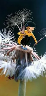 Cartoon character on dandelion with vibrant fantasy background.