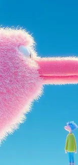 A pink fluffy creature facing a blue-haired character under a bright blue sky.