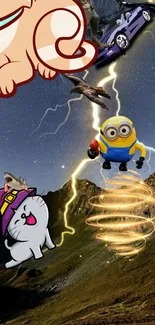 Cartoon fantasy wallpaper with characters and lightning.