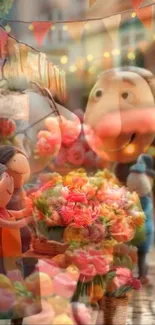 Whimsical cartoon scene with flowers and characters.