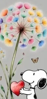 Cartoon dog with heart and colorful flowers.
