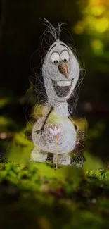 Whimsical cartoon character in a forest setting.