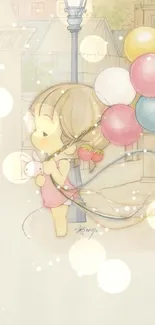 Whimsical cartoon girl with balloons in pastel cityscape.