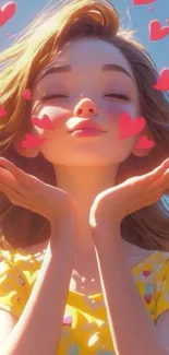 Cartoon girl with hearts, joyful expression.