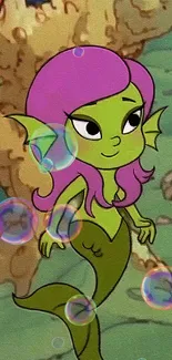 Cartoon mermaid swimming in magical undersea world.