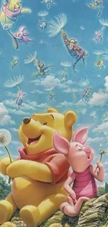 Characters enjoying the blue sky with dandelions.