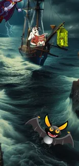Cartoon ship sails stormy seas with animated characters.
