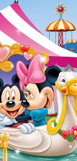 Cartoon characters enjoy a playful swan ride with a pink striped tent backdrop.