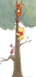 Cartoon characters climbing a green tree in a whimsical, playful scene.