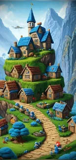 Whimsical cartoon village with blue-roofed houses on a mountain path.