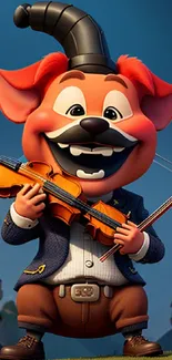 Playful cartoon character with violin and castle background.