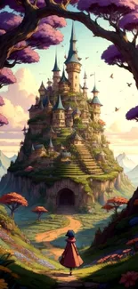 Whimsical castle towers over a colorful landscape.