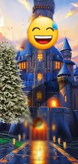 Whimsical castle wallpaper with snowy tree and a smiling emoji.