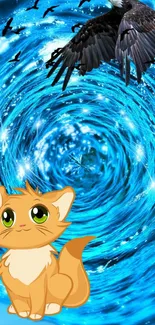 Mobile wallpaper of cartoon cat with a blue vortex and flying eagles.