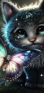 Adorable kitten with butterflies in a magical forest setting, perfect for mobile wallpaper.