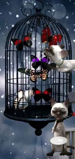 Whimsical wallpaper featuring a cat and colorful butterflies in a birdcage by night.