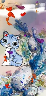 Whimsical cartoon cat with feathers and butterflies on pastel background.