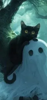 Black cat on ghost in a mystical forest setting.