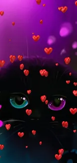 Whimsical black cat with vibrant eyes amid floating red hearts on a purple backdrop.