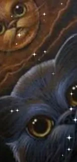 Whimsical artwork of a cat with a moon in a mystical scene.