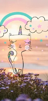 Whimsical unicorn cat in beach sunset with flowers, rainbow, and clouds.