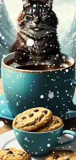 Cat sitting in a coffee cup with cookie plate, mountain background.