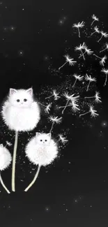 Whimsical wallpaper with cats as dandelions on black background.