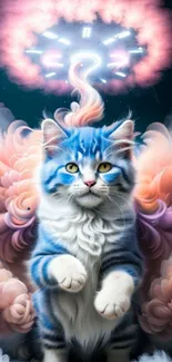 Fluffy blue cat amid clouds with a mystical, glowing aura.