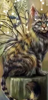 A whimsical cat with butterfly wings perched on a wooden post.