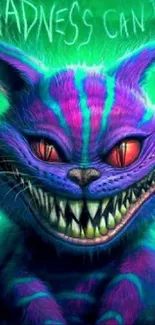 Vivid Cheshire Cat with a mischievous grin in vibrant colors.