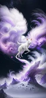 Ethereal white cat soaring through swirling purple clouds in fantasy landscape.