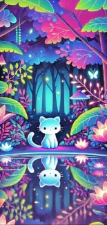 Fantasy neon forest with cute creature.