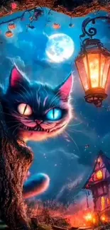 Whimsical cat in a magical night scene with vibrant colors.