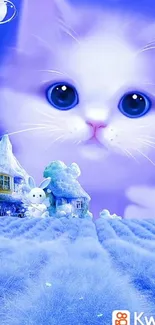 Whimsical blue cat fantasy wallpaper with cozy cottage.