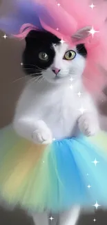 Cat dressed in a colorful tutu with a pastel headdress in a whimsical style.