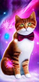 Whimsical cat in a cosmic setting with purple hues and glowing stars.