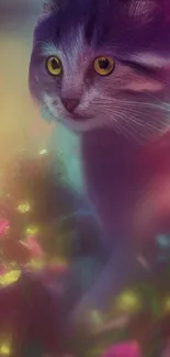 Whimsical fantasy cat in a colorful garden with soft, dreamy hues.