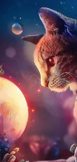 Whimsical cat gazing at glowing orb in magical scene.