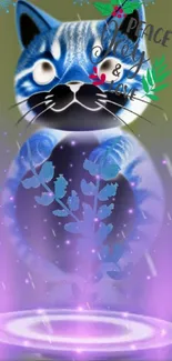 Whimsical blue cat with cosmic vibes and 'Peace, Joy & Love' text.