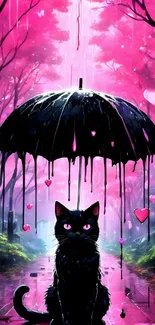 Black cat under umbrella in pink forest art.