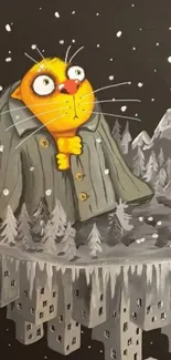 Whimsical cartoon cat in a snowy landscape with trees and mountains.